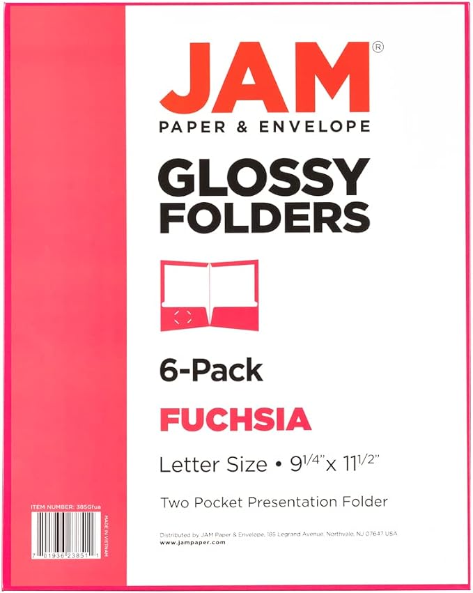 JAM PAPER Laminated Two Pocket Glossy School Folders - Letter Size - High Gloss Fuchsia Hot Pink - Bulk 100/Box