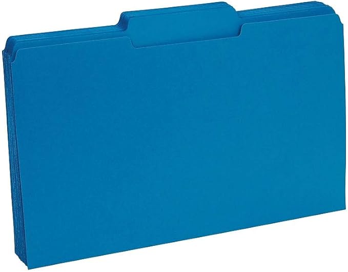 Staples Colored File Folders, Legal Size, 3‑Tab Top‑Tab Design, Blue, Durable Paper Stock, 100/Pack