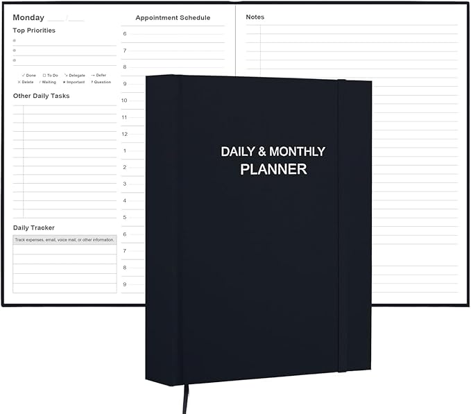 Daily & Monthly Planner for 2026 or Anytime - ADHD Planner Two Pages Per Day, Daily Planner Undated to Increase Focus, Eliminate Overwhelm, Achieve Your Biggest Goals, 8.5'' × 11'', Black