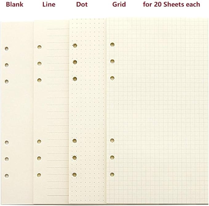 A6 Planner Refill Paper,3.58-x-6.77",100gsm Paper, 80 Sheets(160 Pages),Dot/Line/Grid/Blank Designs Included, for 6 Holes Filofax, 6 Holes Binders(Harphia,SCB-816-A6)