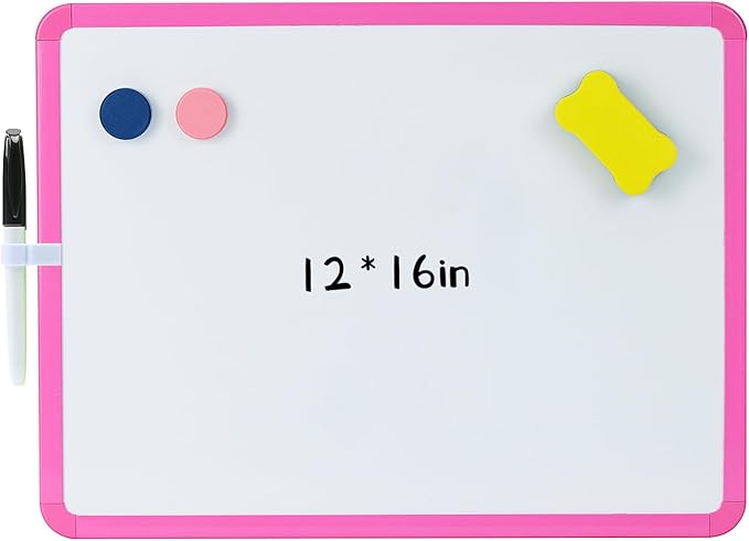 MXG Double Sided Pink Dry Erase Board, 12x16 Inch Small White Board with Marker, Magnets, Eraser, for Coaches, Students, Kitchen, Portable Mini Whiteboard for Fridge, Wall, Desk