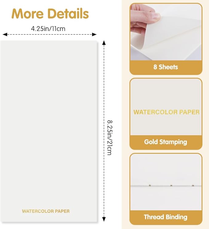 Pocket TN Watercolor Paper Refills, 8Sheets/16Pages 8.25x4.25inches Regular TN Journal Notebooks, 300gsm Travelers Notebook Insert for Painting, Mixed Media Pad Notebook