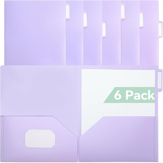 SortRax Plastic Folders with Pockets, 6 Pack Purple Folders for School, Unique 1/3 Cut Tabs with Colorful Labels, Letter Size