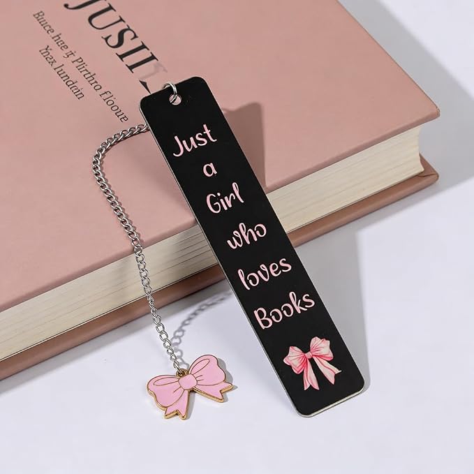 Pink Bowknot Stainless Steel Bookmark - Printed with Cute Bowknot Patterns & Equipped with Heart Pendants, Ideal for Female Readers, Perfect Birthday Gift for Girlfriends (Double-Sided B)