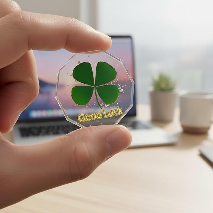 Real Four Leaf Clover Good Luck Pocket Token, Preserved Flower Resin Charm Gold Silver Foil, Real Clover for Wallet, Purse, Bag (Diamond Good Luck)