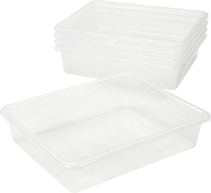 Storex Flat Storage Tray, Letter Size, 10 x 13 x 3 Inches, Unbreakable Clear, 5-Pack