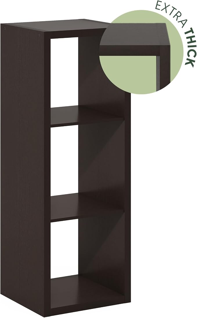 Furinno Cubicle Book Shelf, 3-Cube Bookshelf, Extra Thick Frame Horizontally & Vertically Reversible Bookcase with Open Back, 14.6" x 16" x 44", for Living Room, Bedroom, Home Office, Black Dark Oak