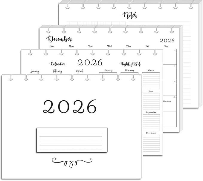 2026 Monthly Refills for 8-Disc Planners, Monthly Calendar for Junior, (Half Letter) Size Planners, FeroniArt Inserts Compatible with Happy Planner ARC and TUL (B/W, 8-Disc)