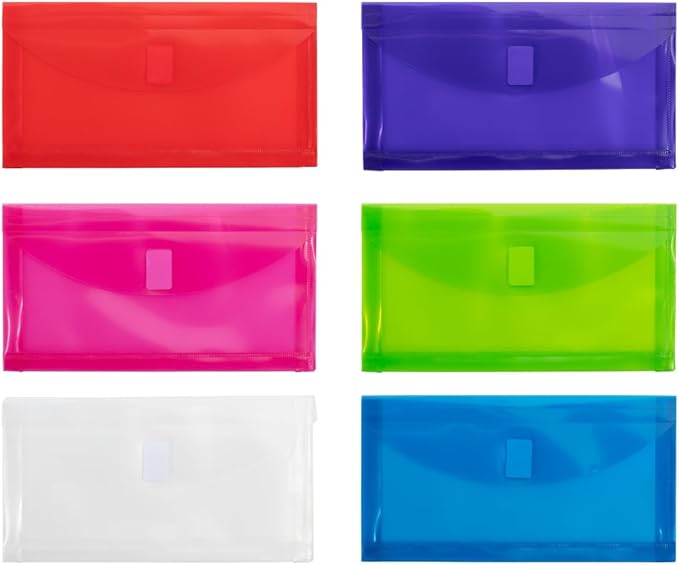 JAM PAPER Plastic Expansion Envelopes with Hook & Loop Closure - #10 Booklet Wallet - 5 1/4 x 10 with 1 Inch Expansion - Assorted Colors - 6/Pack