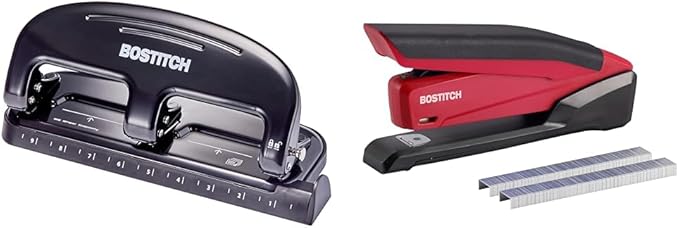 Bostitch Office EZ Squeeze 20 Sheet Standard 3 Hole Punch, Metal Construction & Executive 3 in 1 Stapler, Includes 210 Staples and Integrated Staple Remover,20 Sheet Capacity, Red