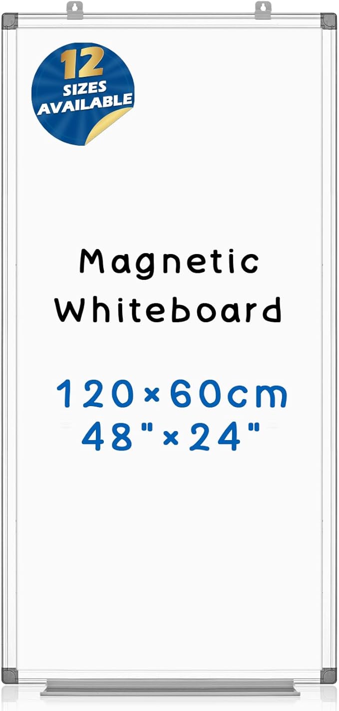 SWANCROWN Magnetic Dry Erase Board 48 x 24 Inches - Large White Board, Silver Aluminum Frame, 4' x 2' Writing Whiteboard for Walls, Home Office, School, Studio