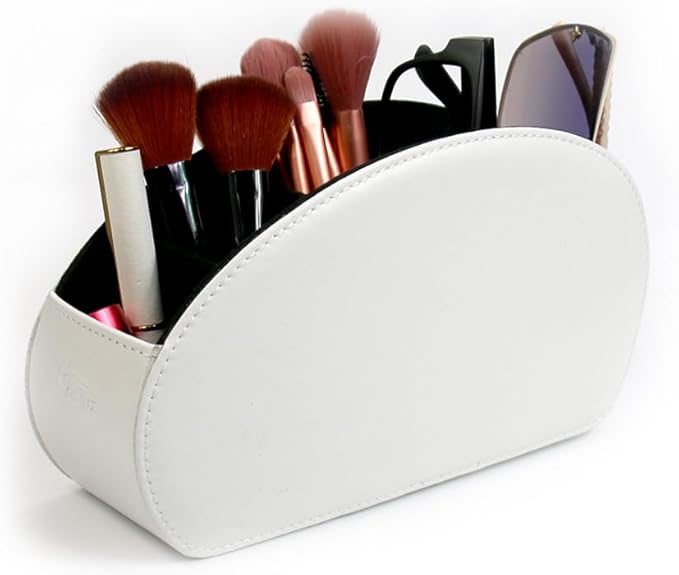 Remote Control Holder Organizer Desk Leather Cases Control Storage TV Remote Control Organizer with 5 Spacious Compartments (White with Metal Bottom)