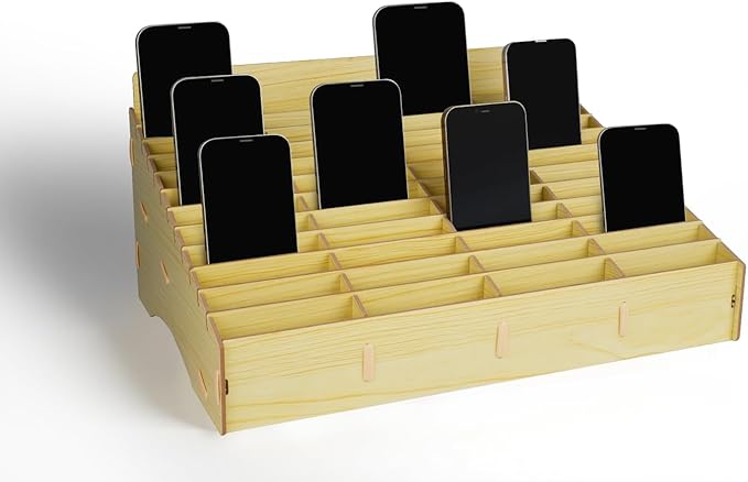 HengTianMei 48 Grid Classroom Cell Phone Holder, 48 Grid Cell Phone Storage Box for Student Management, Wooden Calculator Organizer Caddy for School Office