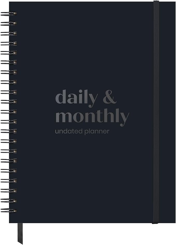 Undated Daily Planner | 2026 Calendar | Large Daily and Monthly Planner with Hourly Schedule, 8.5" x 11" | 6 Month, Full Page a Day, To do List, Time Blocking, Black Aesthetic Hardcover Spiral Notebook
