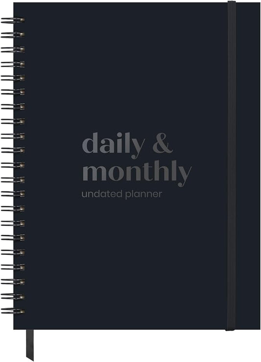 Undated Daily & Monthly Planner 2026-2027 | Hourly Schedule | Large 8.5" x 11" | Daily Work Planner with Full Page Per Day, To Do List, Time Blocking, Black Hardcover Spiral Notebook