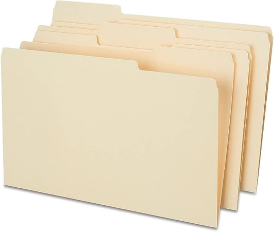 Staples File Folders, Legal Size, 1/3‑Cut Tabs, Assorted Positions, Manila, Durable Paper Stock, 50/Pack