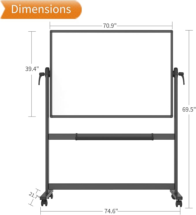 VIZ-PRO Double-Sided Magnetic Mobile Whiteboard, 72 x 40 Inches, Rolling Dry Erase Board Easel Stand on Wheels with Black Aluminium Frame for School Office Home