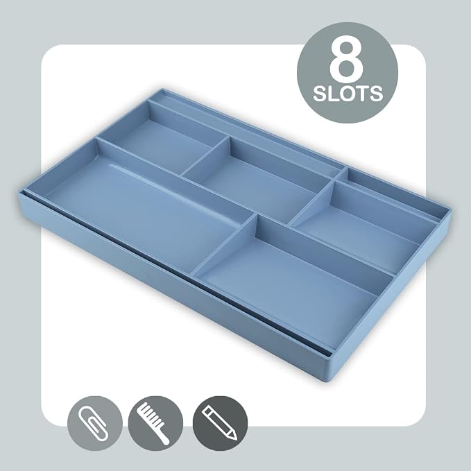 Acrimet Desk Drawer Organizer Tray with 8 Compartments – Multi-Purpose Bin for Office Supplies, Makeup, and Accessories – Fits inside Drawers or Desktops, 12.75" x 8" x 1.06" (Plastic) (Blue Color)