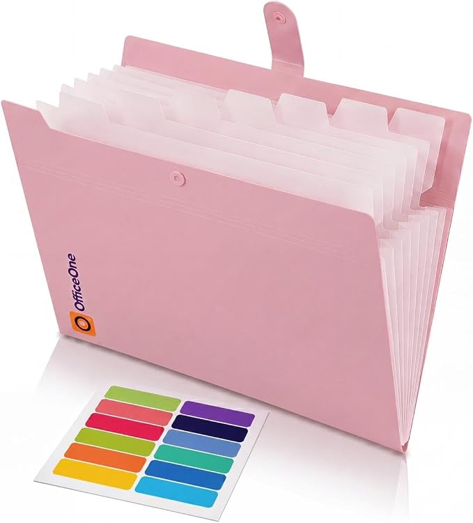 OfficeOne 8-Pocket Expanding File Folder, A4 Letter Size Accordion Document Organizer with Snap Closure, Labeled Tabs & Customizable Color-Coding Stickers, Home Office School (Dusty Pink)