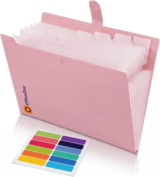 OfficeOne 8-Pocket Expanding File Folder, A4 Letter Size Accordion Document Organizer with Snap Closure, Labeled Tabs & Customizable Color-Coding Stickers, Home Office School (Dusty Pink)