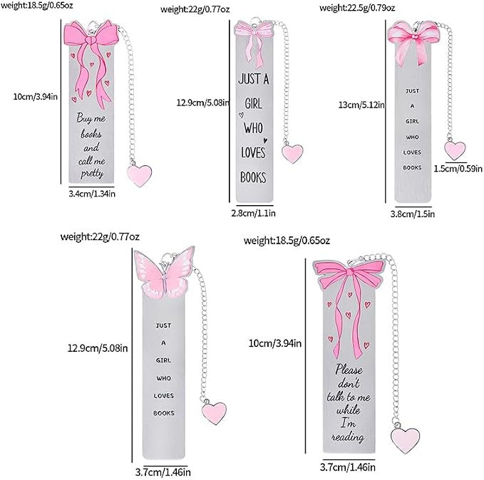 Pink Bowknot Stainless Steel Bookmark - 5pcs Set with Cute Patterns & Heart Pendants, Ideal for Female Readers