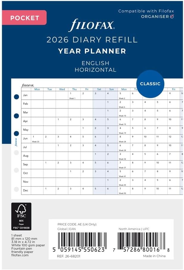 Filofax Calendar Diary Refill, Pocket Size, Horizontal Year Planner, White Paper, English, 2026 (C68201-26)