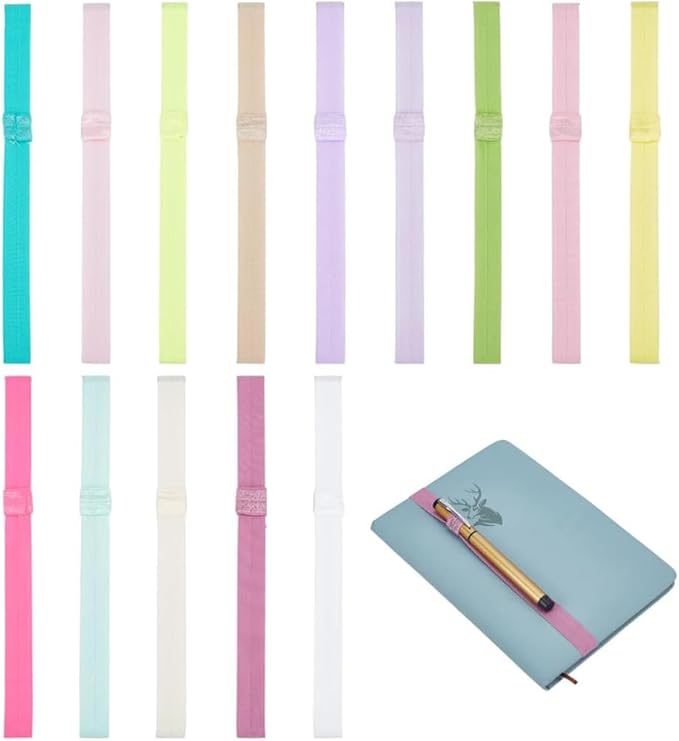 PH PandaHall 14pcs Elastic Book Strap, Notebook Elastic Strap 15mm Wide Planner Bookmarks Straps 14 Colors Elastics Book Straps with Pen Holder Loop for Notebook Office School Reader Supplies