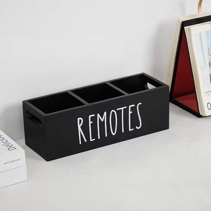 Wooden Remote Control Holder 3 Compartment Storage Box for Table Desk Home Office Living Room School (Black)