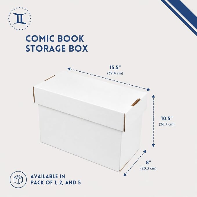 Thick-Grip Comic Book Storage Box — USA-Made, Holds 130-170 Comics, 250 LBs Strength Tested, No Glued Seams & Acid-free — Versatile Gemini Comic Book Box/Bin (1 Box with Lid)