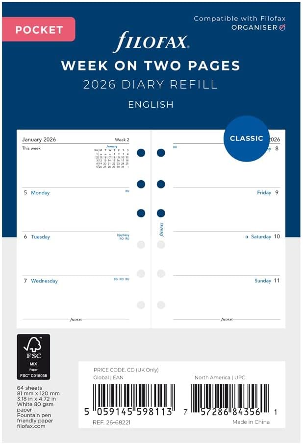 Filofax Calendar Diary Refill, Pocket Size, Week-to-View, White Paper, Unruled, English, 2026 (C68221-26)