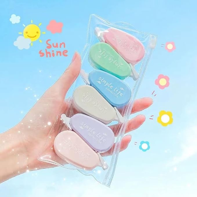 LOPURO White Out Correction Tape, 6Pcs Cute White Out Tape Pastel Color Correction Tape Eraser Easy to Use Applicator Instant Corrections for School Office Home Supplies (Simple)