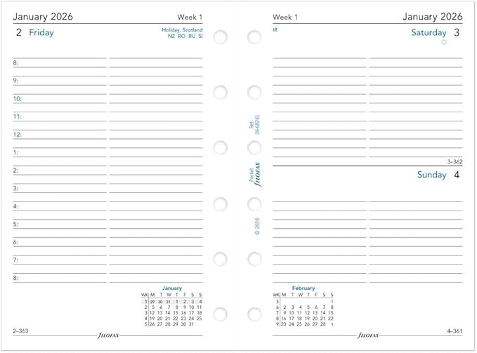 Filofax Calendar Diary Refill, Pocket Size, Day on One Page with Appointments, Ruled, White Paper, English, 2026 (C68241-26)