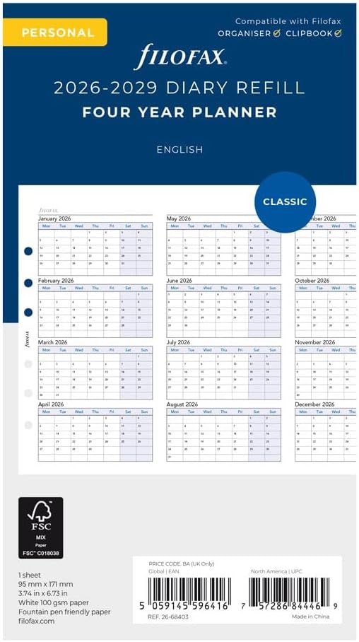 Filofax Calendar Diary Refill, Personal/Compact Size, Four-Year Vertical Planner, White Paper, English, 2026 (C68403-26)