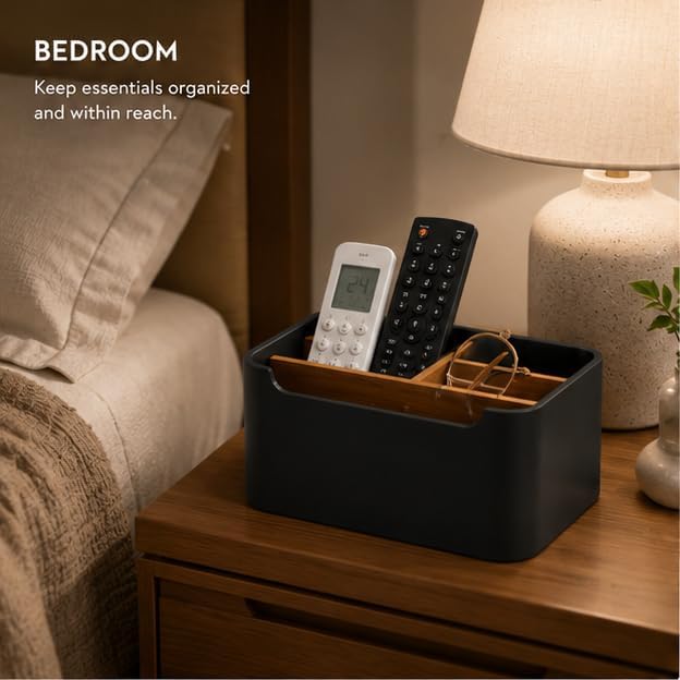 Remote Control Holder with Removable Wood Compartments for Media Devices, Desktop Stationery, and Bedside Nightstands, Black