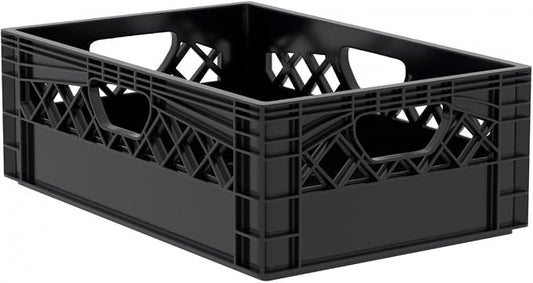 Farmplast Plastic Half Size Milk Crate, 24 Quart Storage Container, Black, Industrial Grade Stackable Utility Box