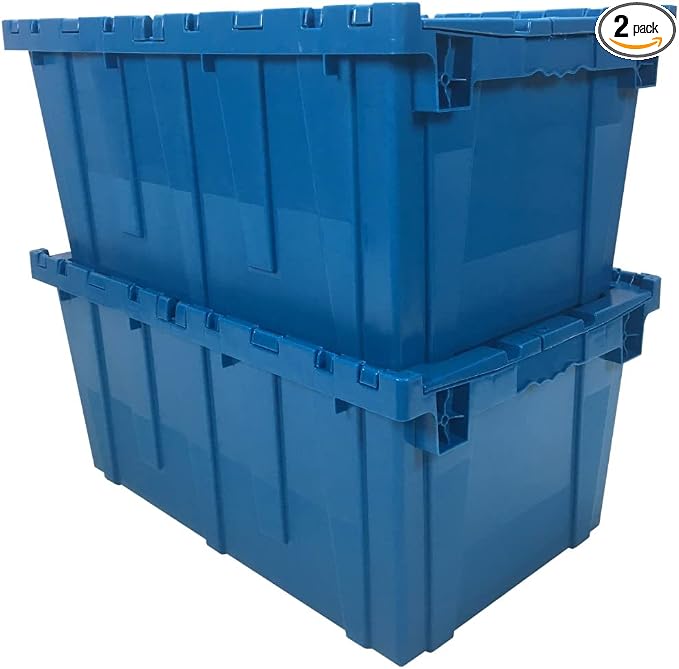 Storage and Packing Plastic Tote Crate Attached Lid Flip Top, 27"x16.9"x12.5", Blue Crates With Lids, Heavy Duty Storage Containers, Stackable Tote Bins For Storage, Moving & Home Organization