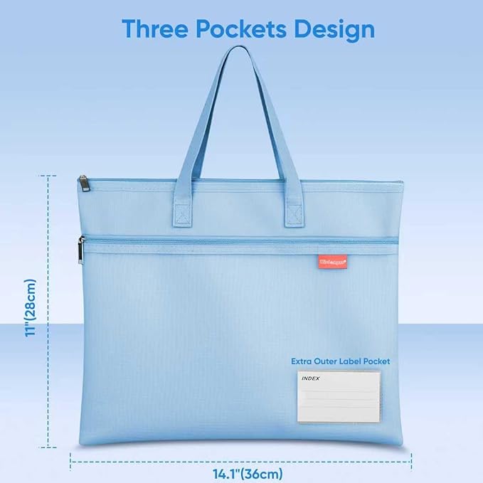 Wisdompro Waterproof Zipper Pouch, Large Mesh File Bag with Handle, Durable Triple Pocket Document Storage for Cross Stitch, Puzzle Project, Travel and Office - Blue