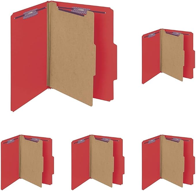 Smead Pressboard Classification File Folder with SafeSHIELD Fasteners, 1 Divider, 2" Expansion, Letter Size, Bright Red, 10 per Box (13731) (Pack of 5)