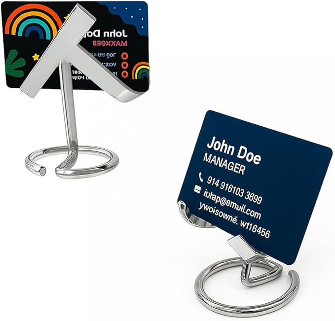 Metal Business Card Holder | Standing Business Card Stand & Business Card Holder Tabletop | Silver Desktop Card Organizer for Business Cards | Office Desk Stand Accessory for Cards