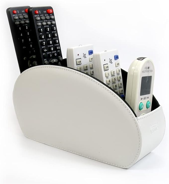 Remote Control Holder Organizer Desk Leather Cases Control Storage TV Remote Control Organizer with 5 Spacious Compartments (White with Metal Bottom)