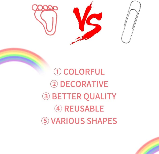 Vuzvuv 100Pcs Rainbow Creative Footprint Paper Clips Assorted Colors Cute Metal Footmark Shaped Bookmark Clips for Party Invitation Card Student Gift Notebook Office Accessories Document Organization