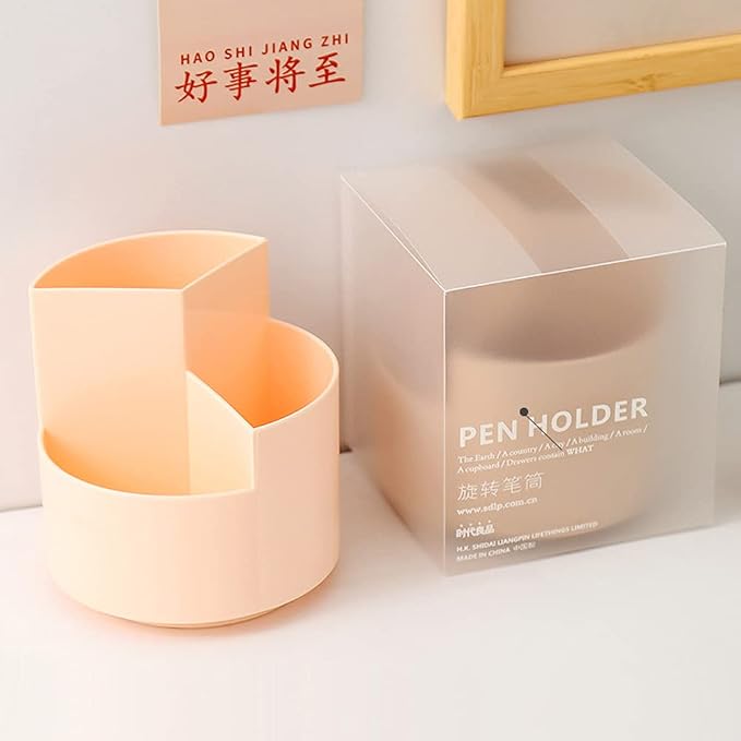Rotating Pen Holder 3 Compartments, School Supplies Organizer for Pen, Colored Pencil, Art Brushes, Desktop Storage Box in Classroom & Art Studio, Gift for Teachers, Classmates, and Friends ,Pink
