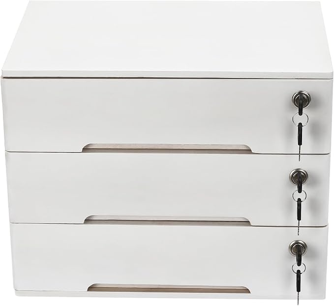 Wooden Desktop Storage Cabinet with 3 Lockable Drawers, Office Desk File Organizer, Small Wooden Storage Box for Home Office Supplies, Sewing Kits,White