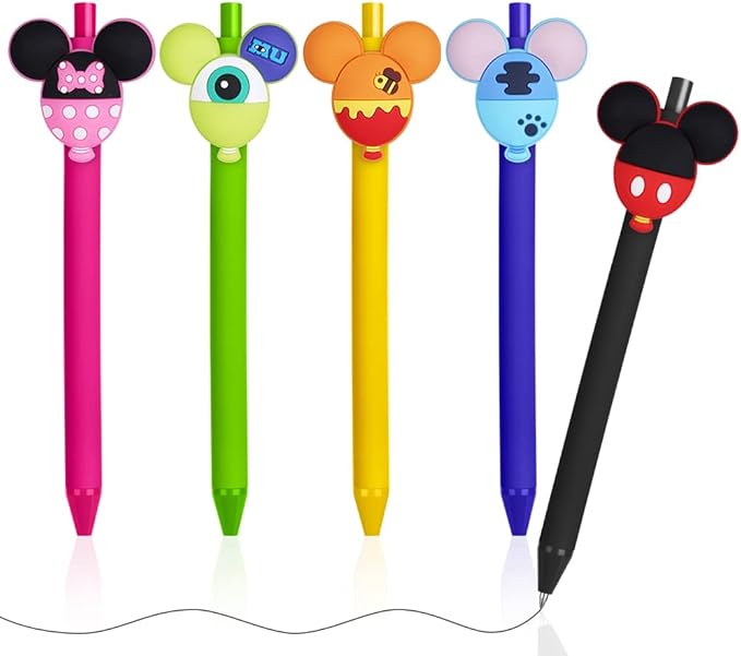 AUAUY 5PCS Cartoon Ballpoint Pens/10PCS Cute Mouse Paper Clips, Cute Mouse Head Character Ears Pens, Retractable Ballpoint Pen/Book File Page Marker Clips for Teacher & Students, Office Supplies Gifts