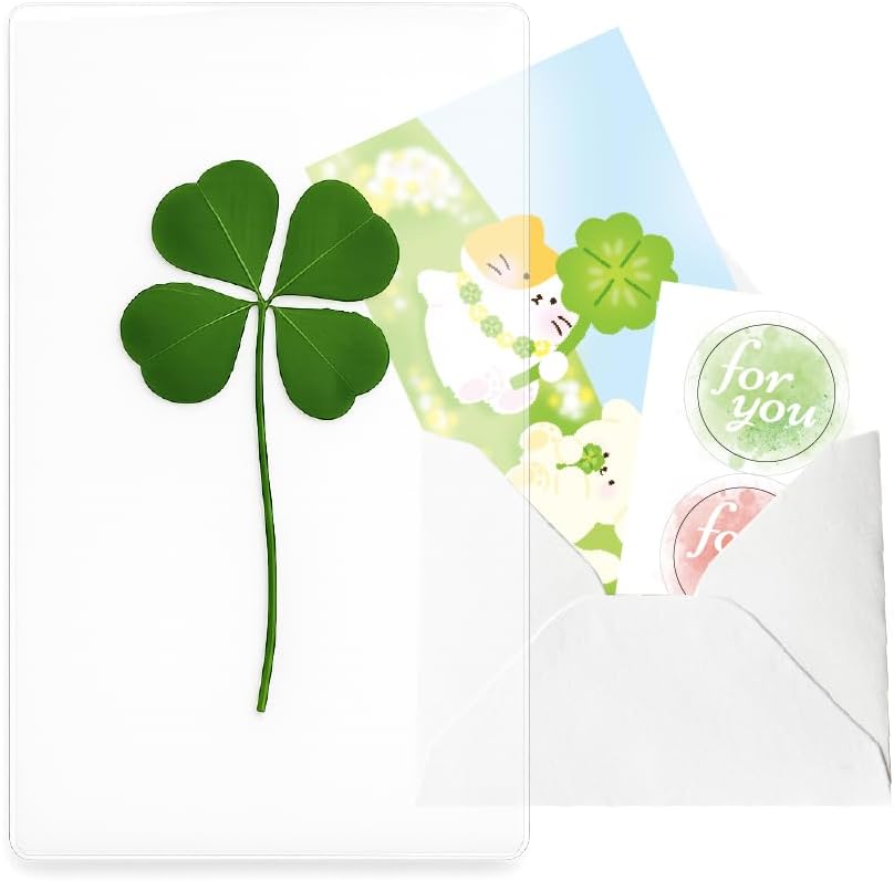 Genuine Real Four-Leaf Clover Bookmark, Elegant Four-Leaf Clover Bookmark, Smartphone, Wallet Coated Gift Thank You Card Four-Leaf Clover Gift (Cute Character Card)