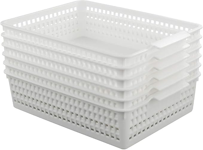 6-Pack Plastic Storage Trays Basket, Organization Basket Tray for Paper/File, White