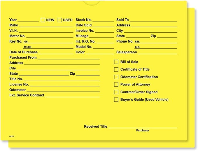 Printed Vehicle Deal Jackets Envelopes Folders for Auto Car Dealerships - 9x12 Size - Dealer Supplies - New and Used Cars - 100 Quantity (Yellow)