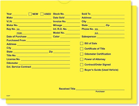 Printed Vehicle Deal Jackets Envelopes Folders for Auto Car Dealerships - 9x12 Size - Dealer Supplies - New and Used Cars - 100 Quantity (Yellow)