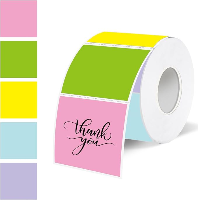 1.5 Inch Square Thermal Label Printer Stickers, Self-Adhesive Direct Thermal Labels Stickers, Waterproof/Perforation Line Design- 500 Sheets/ 5 Colors