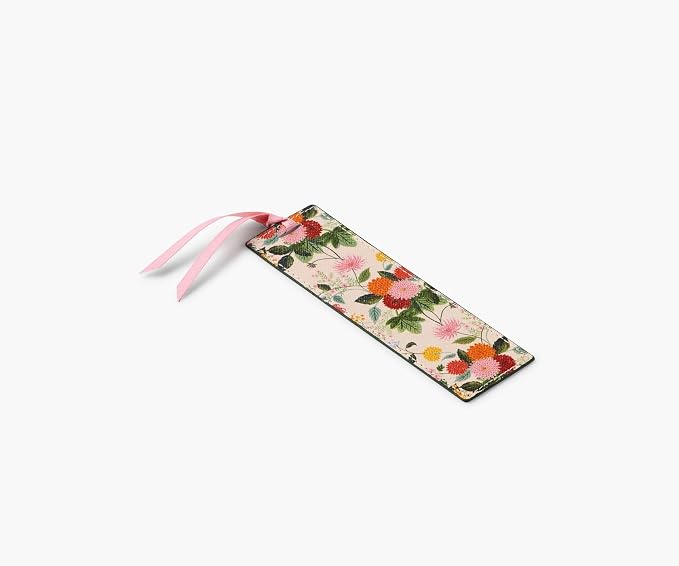 RIFLE PAPER CO. Dahlia Bookmark, 1.75" W x 6" L, Vintage-Inspired Floral Design, Saffiano Polyurethane, Pink Grosgrain Ribbon, Gold Foil Logo, Wipe-Clean